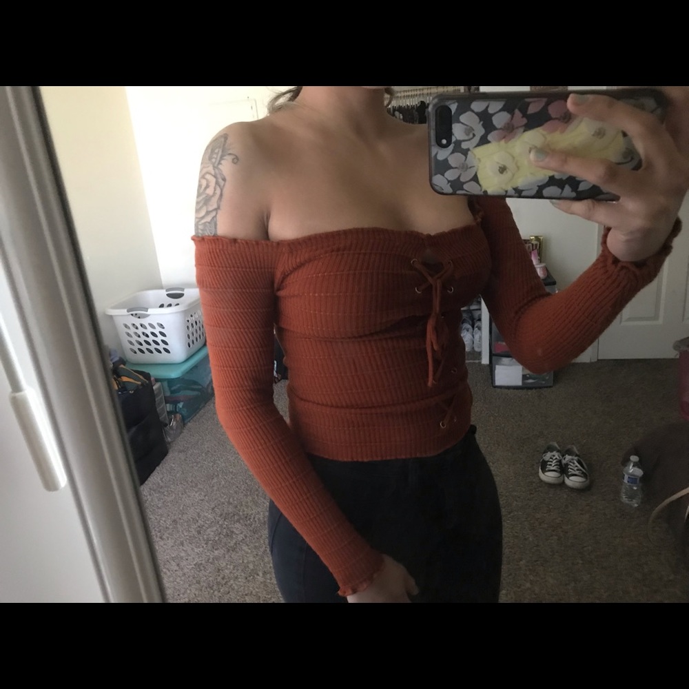 Burnt orange off the shoulder top